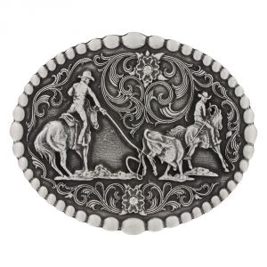 Montana Silversmiths Classic Oval Beaded Trim Attitude Buckle with Team Roping (60969S)